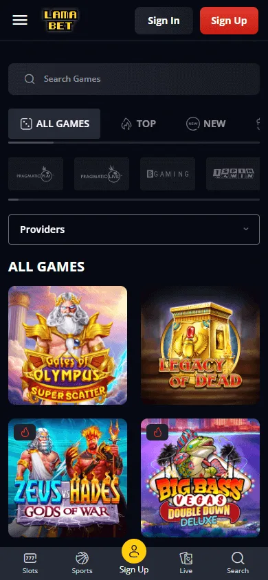 Lamabet Casino games screen on a mobile device