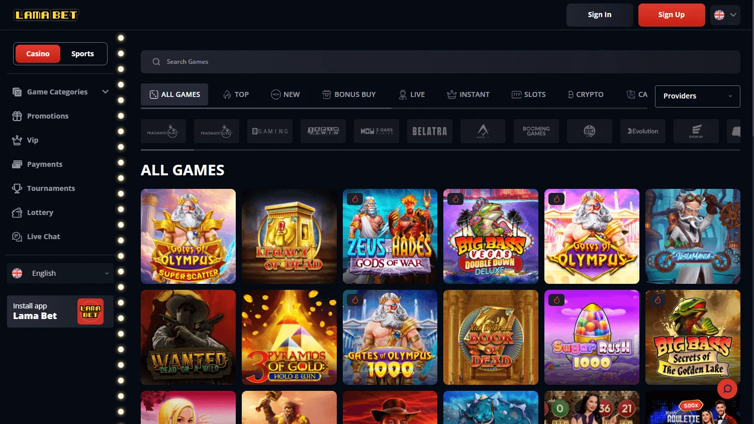 Lamabet Casino games screen on desktop