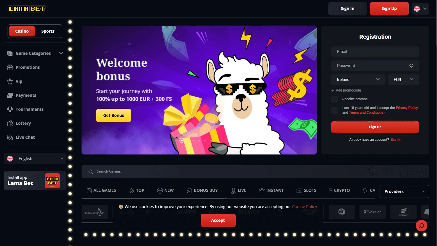 Lamabet Casino home screen on desktop