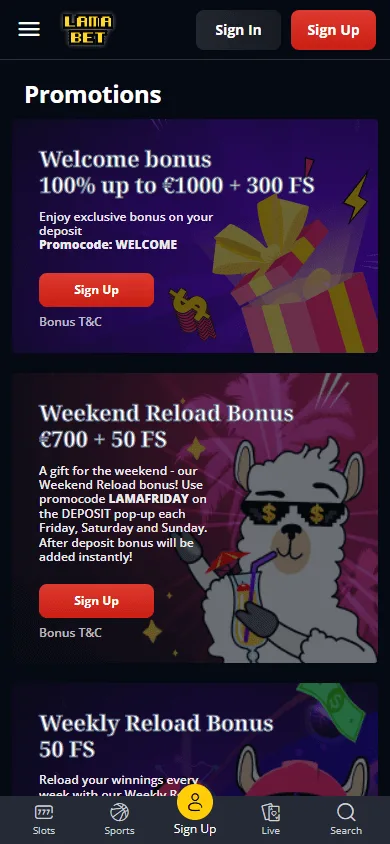 Lamabet Casino promotions screen on a mobile device