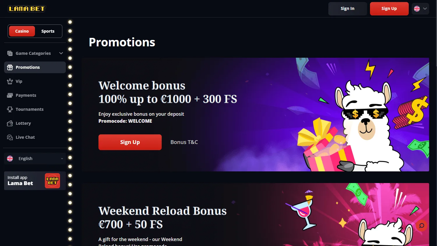 Lamabet Casino promotions screen on desktop